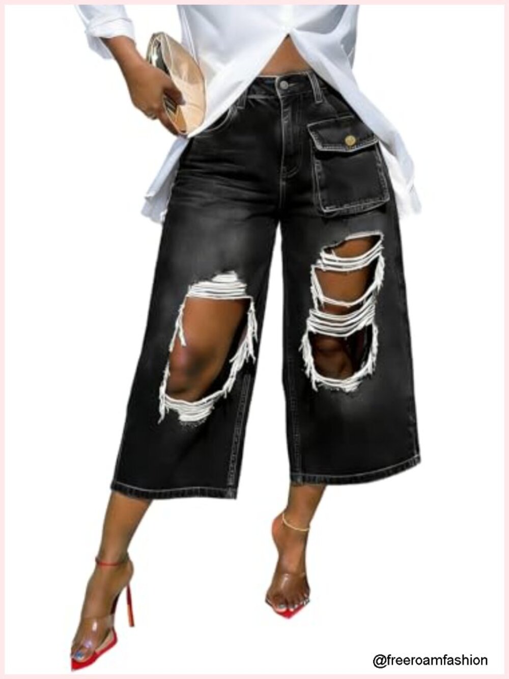 Ripped Cargo Jeans Baggy Wide Leg Destroyed Capris High Waist Distressed